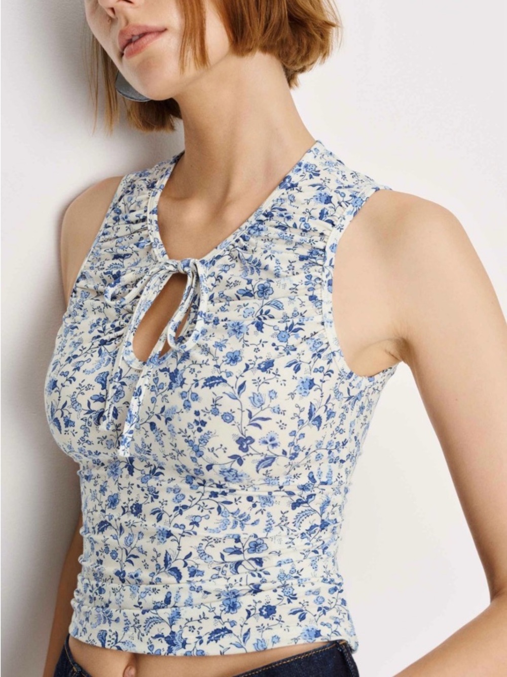 Reformation Blue & White Floral Tie-Front Tank